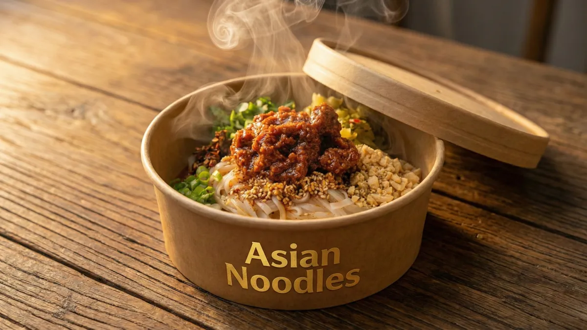 Signature Shan noodles in a branded Asian Noodles kraft delivery bowl, ready for office delivery in Canary Wharf