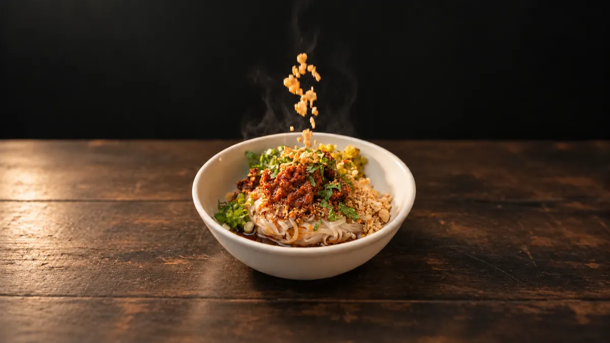 Signature Shan noodles in a white bowl with crushed peanuts falling on top, Asian Noodles Canary Wharf